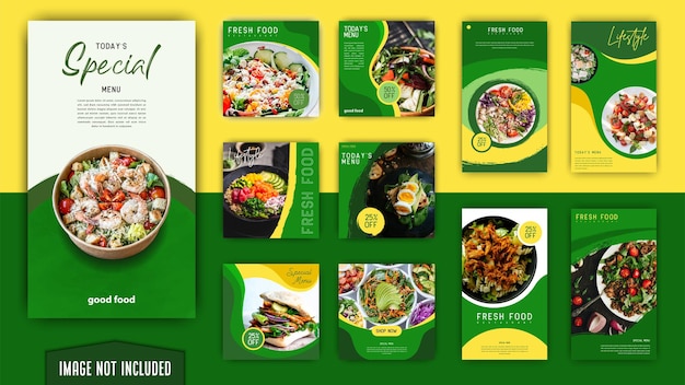green elegant modern healthy food social media posts and stories instagram template set bundle