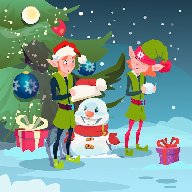 Green Elf Group Making Snowman 