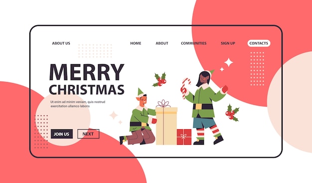 green elves in costumes preparing gifts mix race boy girl santa helpers happy new year merry christmas holidays celebration concept full length horizontal copy space vector illustration