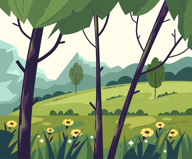 Vector green empty tree field mountain forest nature concept