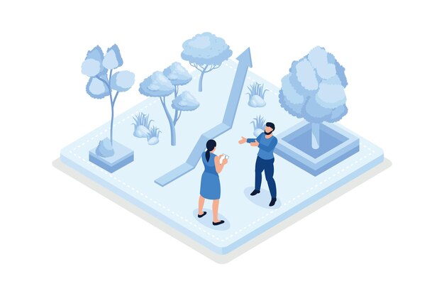 Green energy characters showing green circular economy benefits isometric vector modern illustration