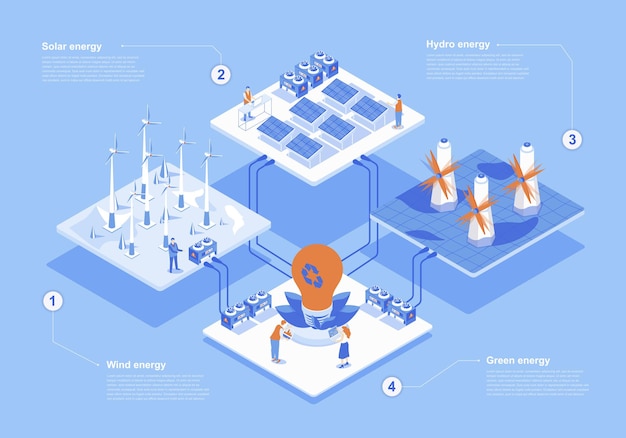 Concetto di energia verde scena web isometrica 3d con infografica persone che lavorano alla generazione di fonti energetiche alternative con pannelli solari turbine eoliche illustrazione vettoriale nella progettazione grafica isometrica