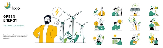 Green energy concept with character situations collection bundle of scenes people use alternative energy sources conserve water and electricity recycling vector illustrations in flat web design