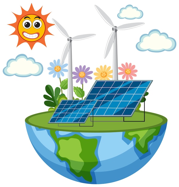 Концепция зеленой энергии с солнечными панелями и ветряными турбинами