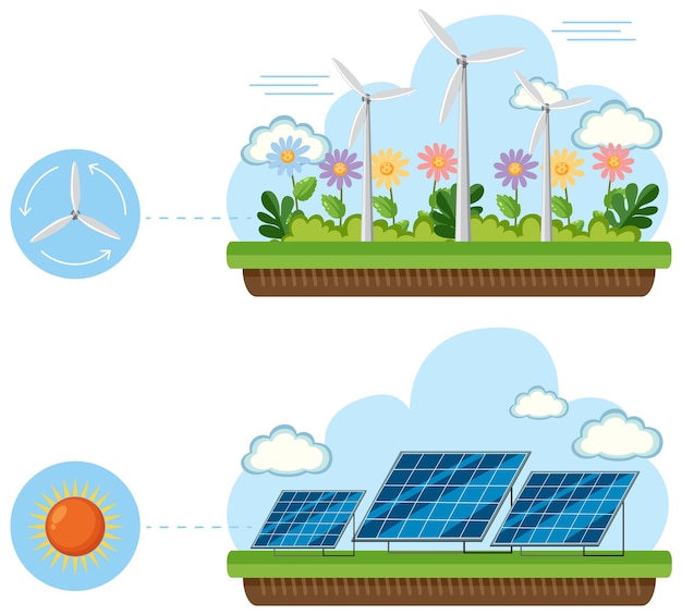 Concetto di energia verde con pannelli solari e turbine eoliche