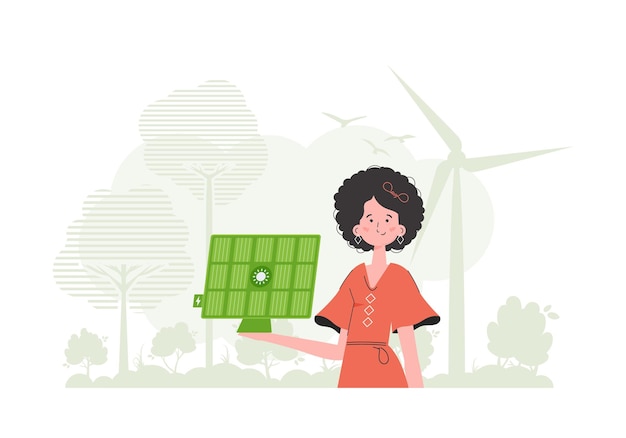 green energy concept a woman holds a solar panel in her hand vector illustration