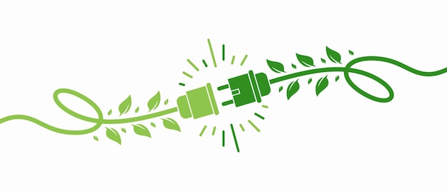 Зеленая энергия электричество, электрическая вилка значок знак с кабелем и лист векторные иллюстрации