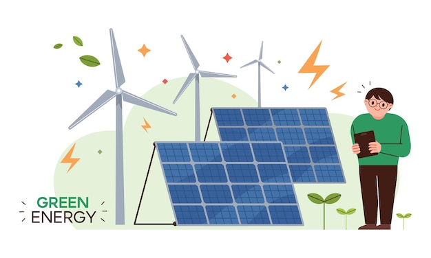 Vector green energy generation solar and wind power vector illustration