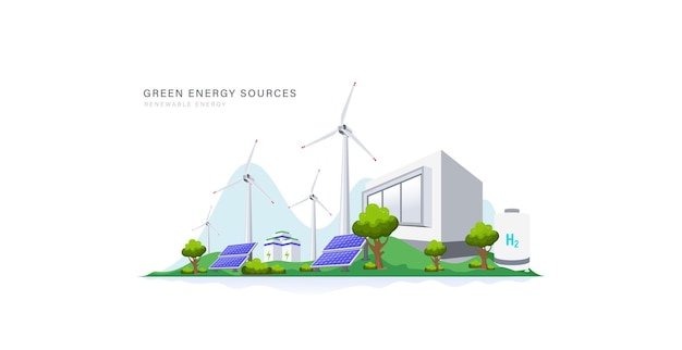 太陽と風力源の背景コンセプトを備えたグリーンエネルギー発電所将来の持続可能な世界のベクトル図のためのクリーンな電気エネルギーと再生可能エネルギー源