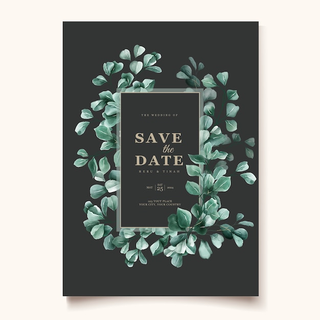 green eucalyptus wedding invitation card template