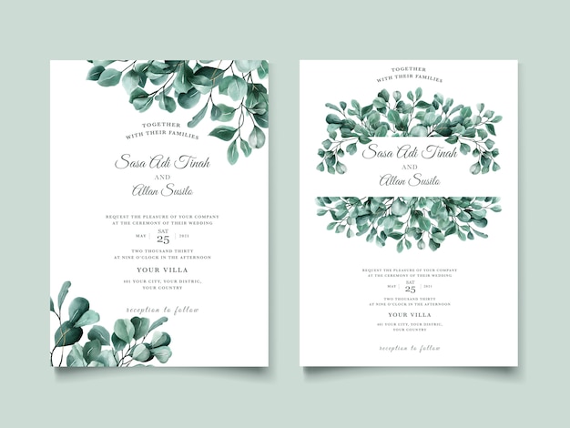 Vector green eucalyptus wedding invitation card template