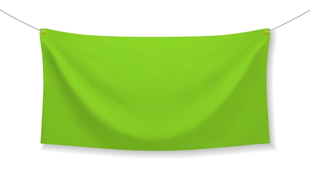 Green fabric banner with folds, isolated on white background. blank hanging textile template, empty mockup. vector illustration