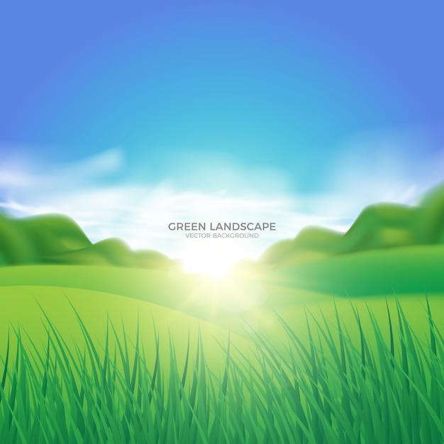 Green far landscape with rising sun background