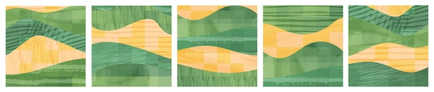 Green farm field eco pattern background for social media post template Abstract agriculture landscape with texture vector illustration Farmland square card Set of nature collage mosaic backdrop