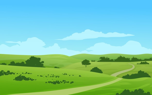 Vector green field and hills landscape with footpath