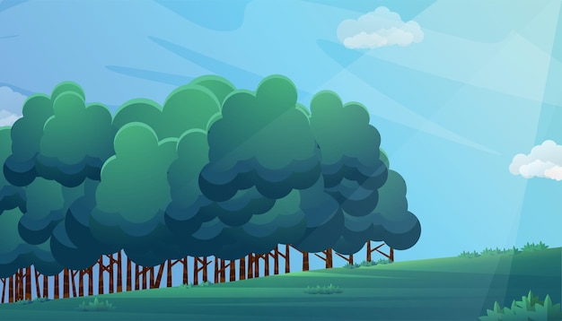 Vector green field with green forest and blue skies landscape illustration