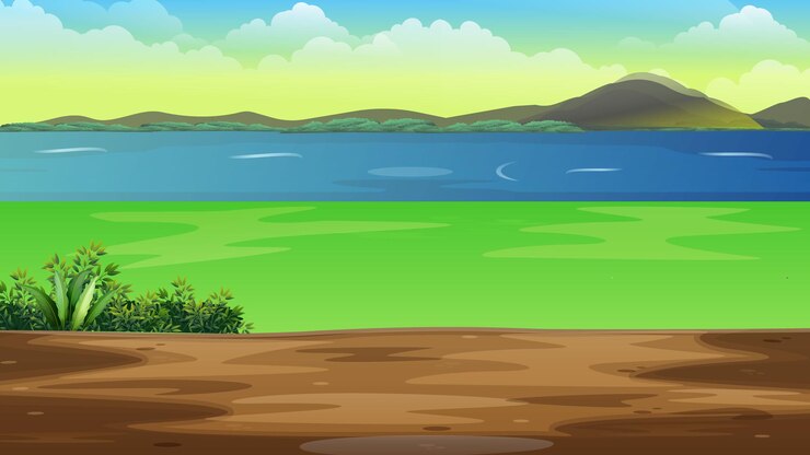 Vector a green field with a mountain and a blue sky background