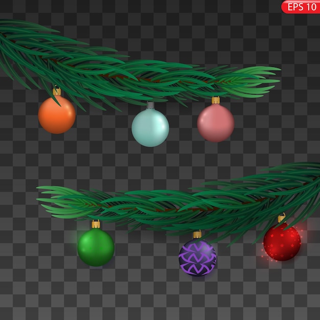 Green fir branch red balls lights isolated on a transparent background Pine tree Christmas everg