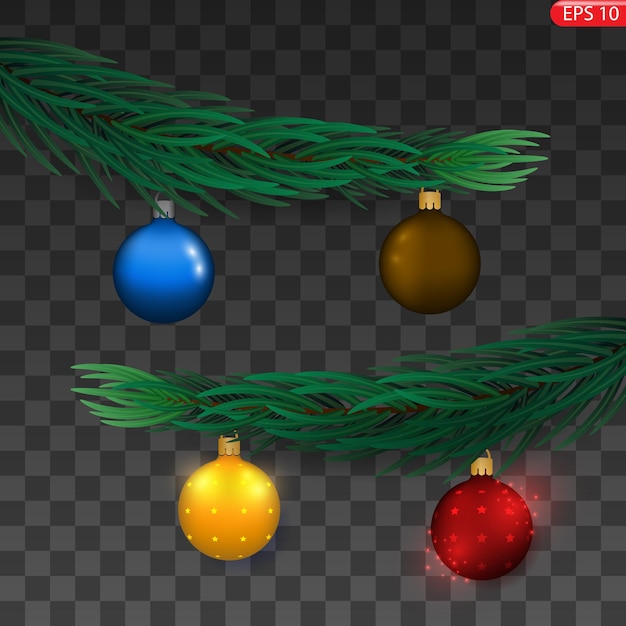 Green fir branch red balls lights isolated on a transparent background Pine tree Christmas everg