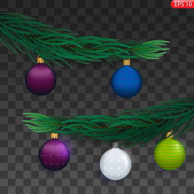 Green fir branch red balls lights isolated on a transparent background Pine tree Christmas everg