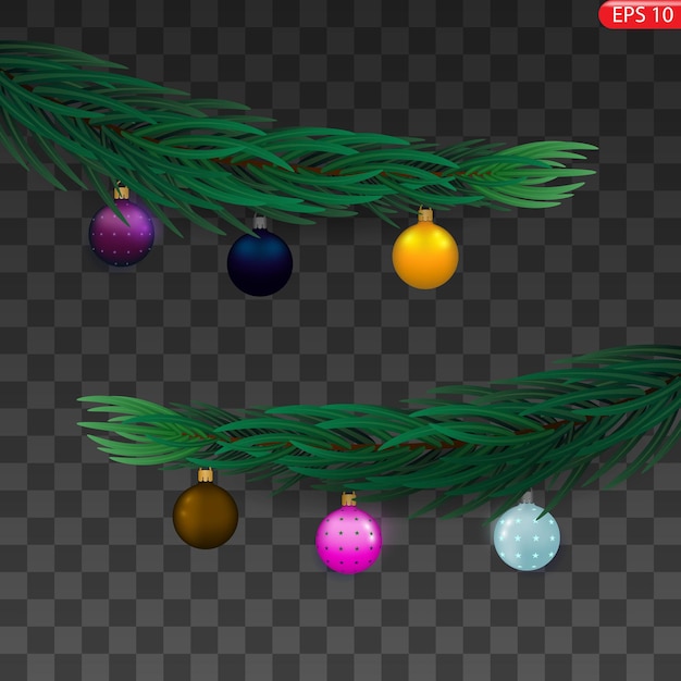 Green fir branch red balls lights isolated on a transparent background Pine tree Christmas everg