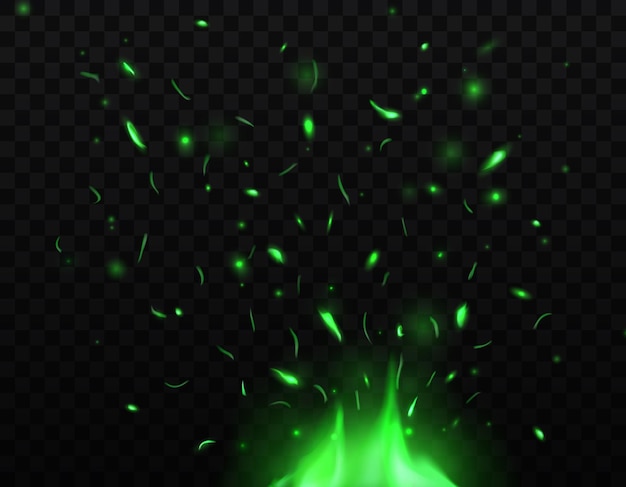 Vector green fire sparks of magic flame with smoke