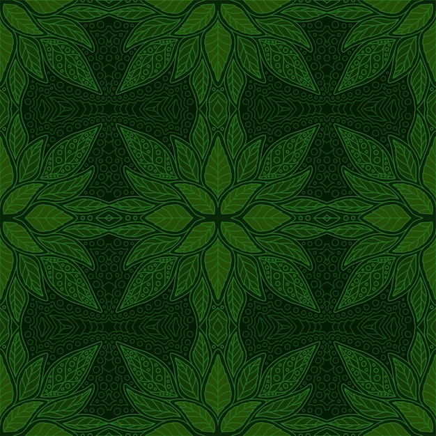 Зеленый цветочный бесшовный линейный узор с листьями