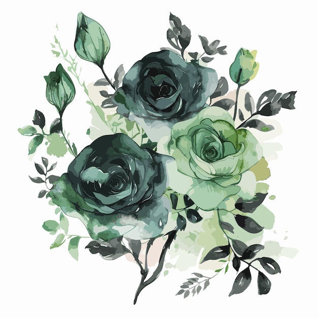 Vector green floral on white watercolor style