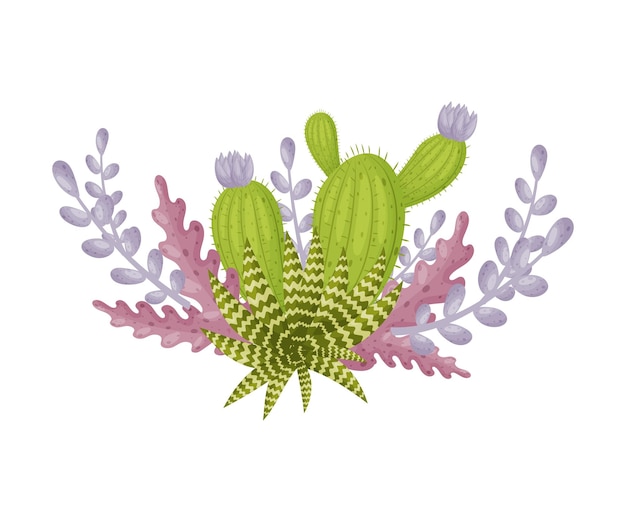 Vector green flowering cactus and striped aloe against the background of purple plants vector illustration on a white background