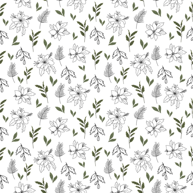 Green flowers and green leaves. Seamless Pattern Christmas. Line art flowers.