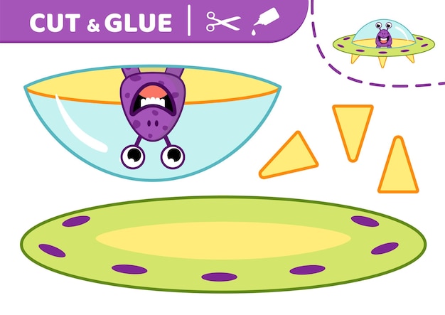 Green flying saucer with purple alien Cut and glue UFO Applique Paper game Vector