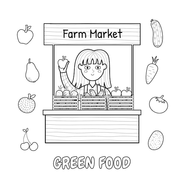 果物や野菜を販売するかわいい女の子の農家を描いたグリーンフードファームの白黒プリント