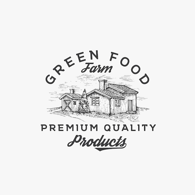 Vettore green food farm. modello di logo. schizzo di disegno del paesaggio dell'azienda agricola con