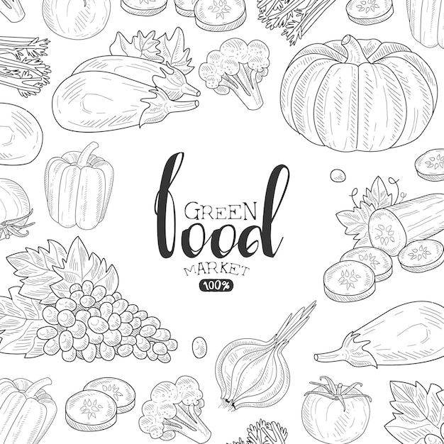 Green Food Market Banner Template Can be Used for Organic Food Store Vegan Products Farmer Market Restaurant Menu Hand Drawn Vector Illustration