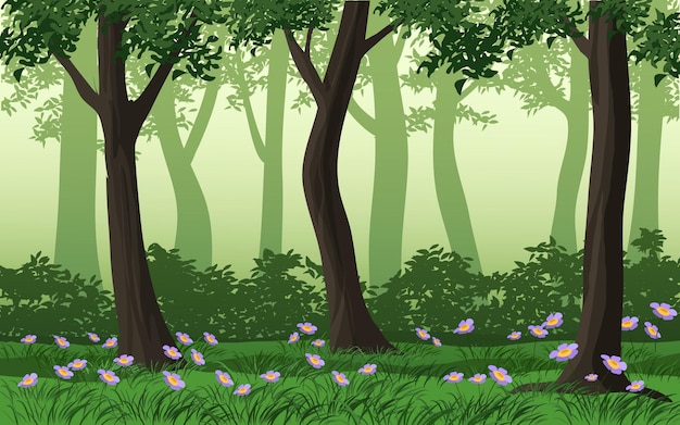Green forest background with grass and wild flowers
