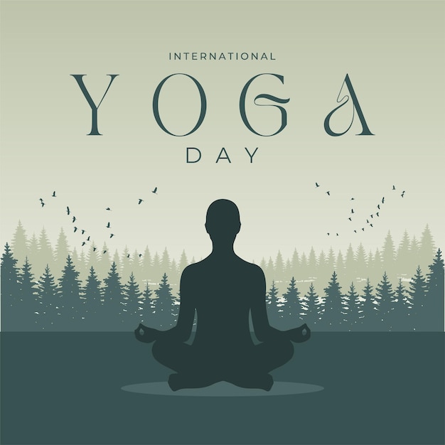 Vettore foresta verde e uccelli sullo sfondo giornata internazionale dello yoga 21 giugno modello creativo