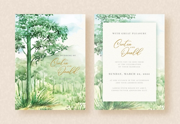 Green forest and mountain watercolor landscape background on wedding invitation template