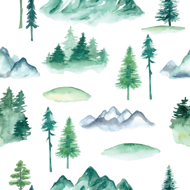 Green Forest watercolor pattern Vector seamless texture Trees and mountains silhouette