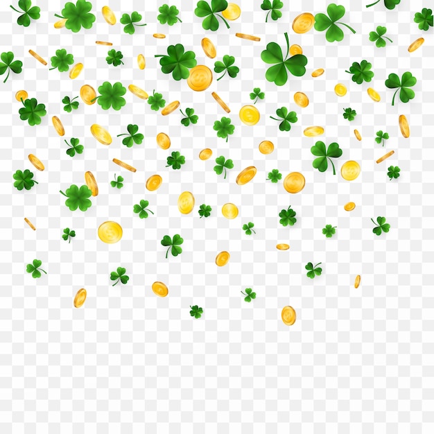 Green four and tree leaf clovers and gold coins