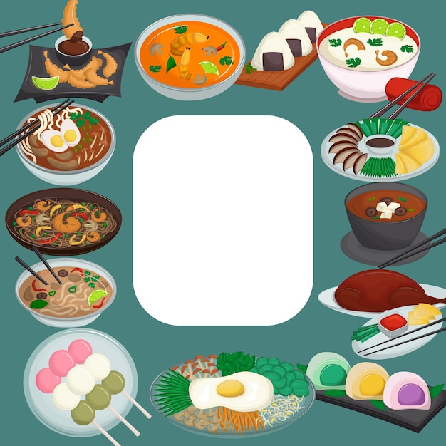 Green frame with Asian cuisine Traditional cuisine of the Far East Vector illustration