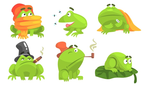 Vector green frog cartoon character of different activities set funny amphibian animal with various emotions vector illustration