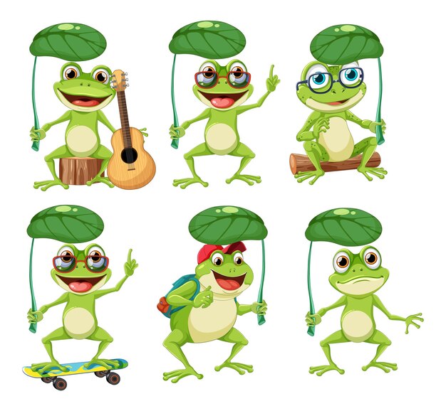 Vector green frog cartoon character holding leaf umbrella