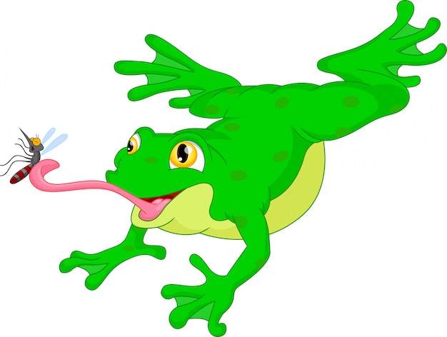 Green frog catching a mosquito cartoon