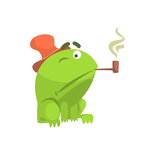 Vector green frog funny character smoking pipe childish cartoon illustration