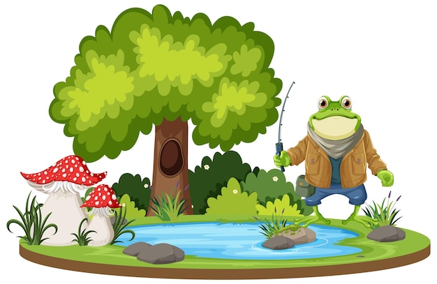 Premium Vector  Green frog holding fishing rod at pond