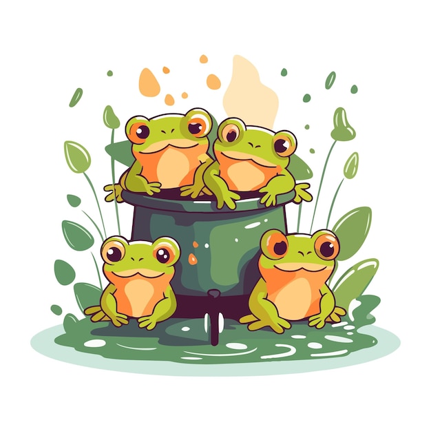 Vector green frog in a pot illustration