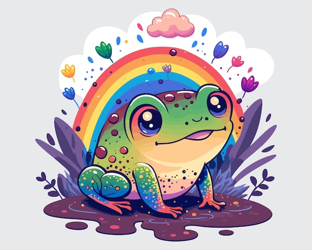 A green frog sits in a puddle under a colorful rainbow