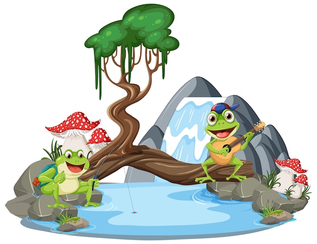 green frog in waterfall scene