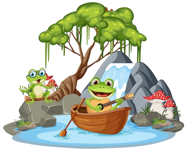 Vector green frog in waterfall scene
