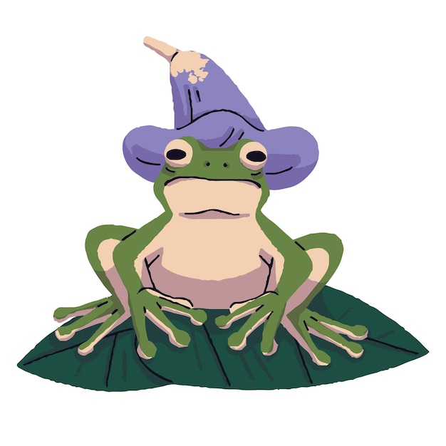 Green frog with cute muzzle sitting on water lily leaves Wild froggy in pointed hat Funny toad with flower Amphibian animal swamp inhabitant Flat isolated vector illustration on white background